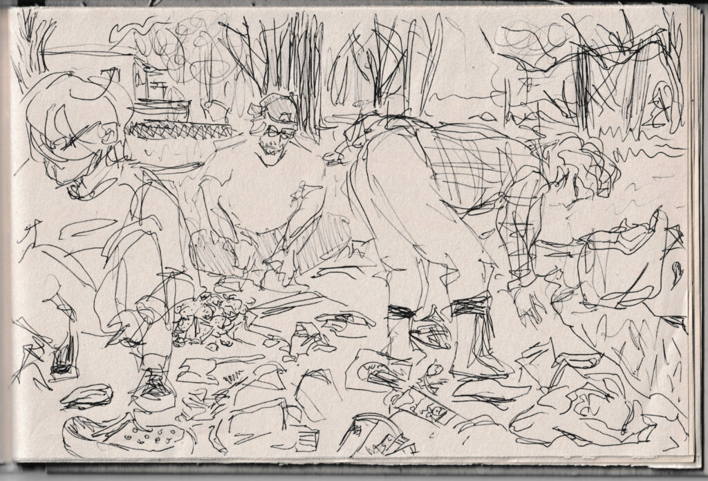A pen sketch from cleaning the Rivière des Prairies riverbank with a research group from UQÀM and l’Organisation Bleue.