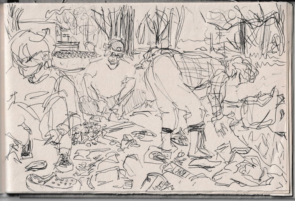 A pen drawing of volunteers cleaning the bank of Rivière des Praires.