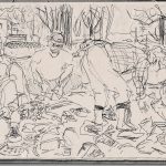 A pen drawing of volunteers cleaning the bank of Rivière des Praires.