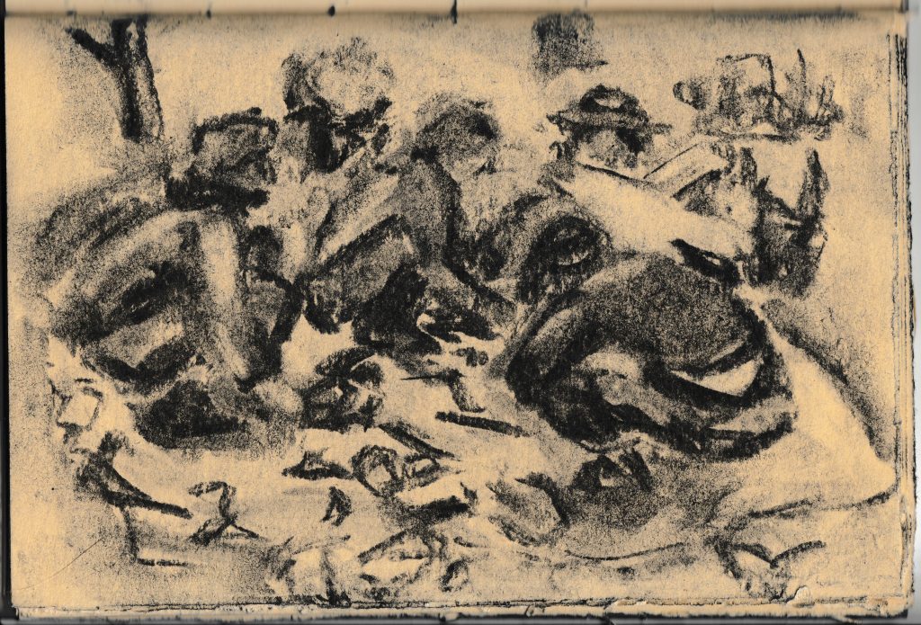 A charcoal drawing of volunteers cleaning the Rivière des Prairies bank.